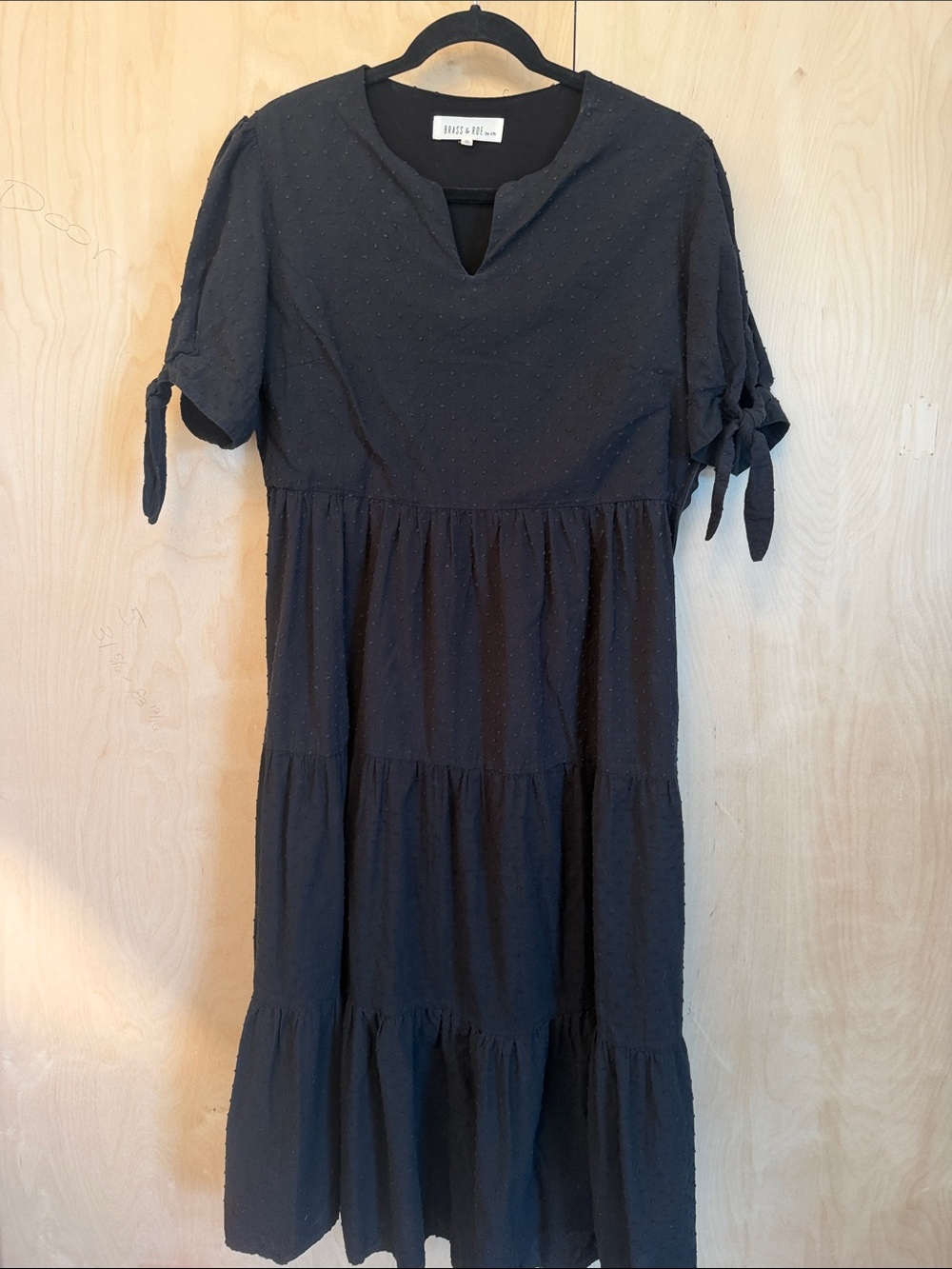 Called to Surf Brass and Roe Black Textured Tiered Maxi Dress with Tie Sleeves